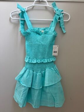 NWT Jessica Simpson Girls Turquoise Smocked Ruffle Tiered Dress Sz 12